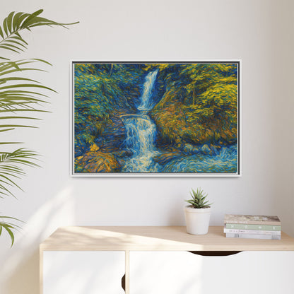 Framed matte canvas print of Impressionist waterfall wall art by Printify, showcasing vibrant colors and textured brushstrokes.