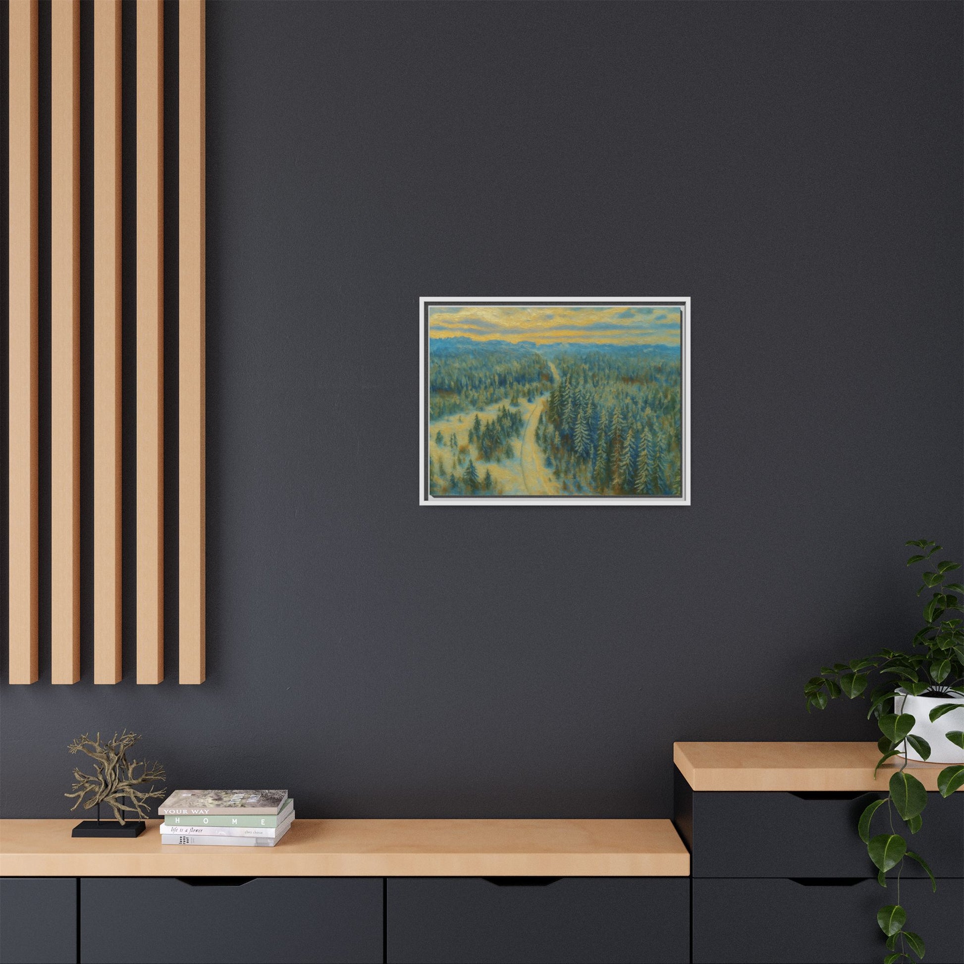 Framed matte canvas print of a serene winter forest landscape by Printify, showcasing snow-covered trees and peaceful natural scenery.