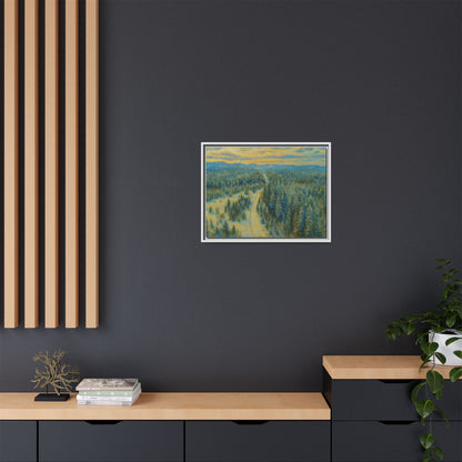 Framed matte canvas print of a serene winter forest landscape by Printify, showcasing snow-covered trees and peaceful natural scenery.