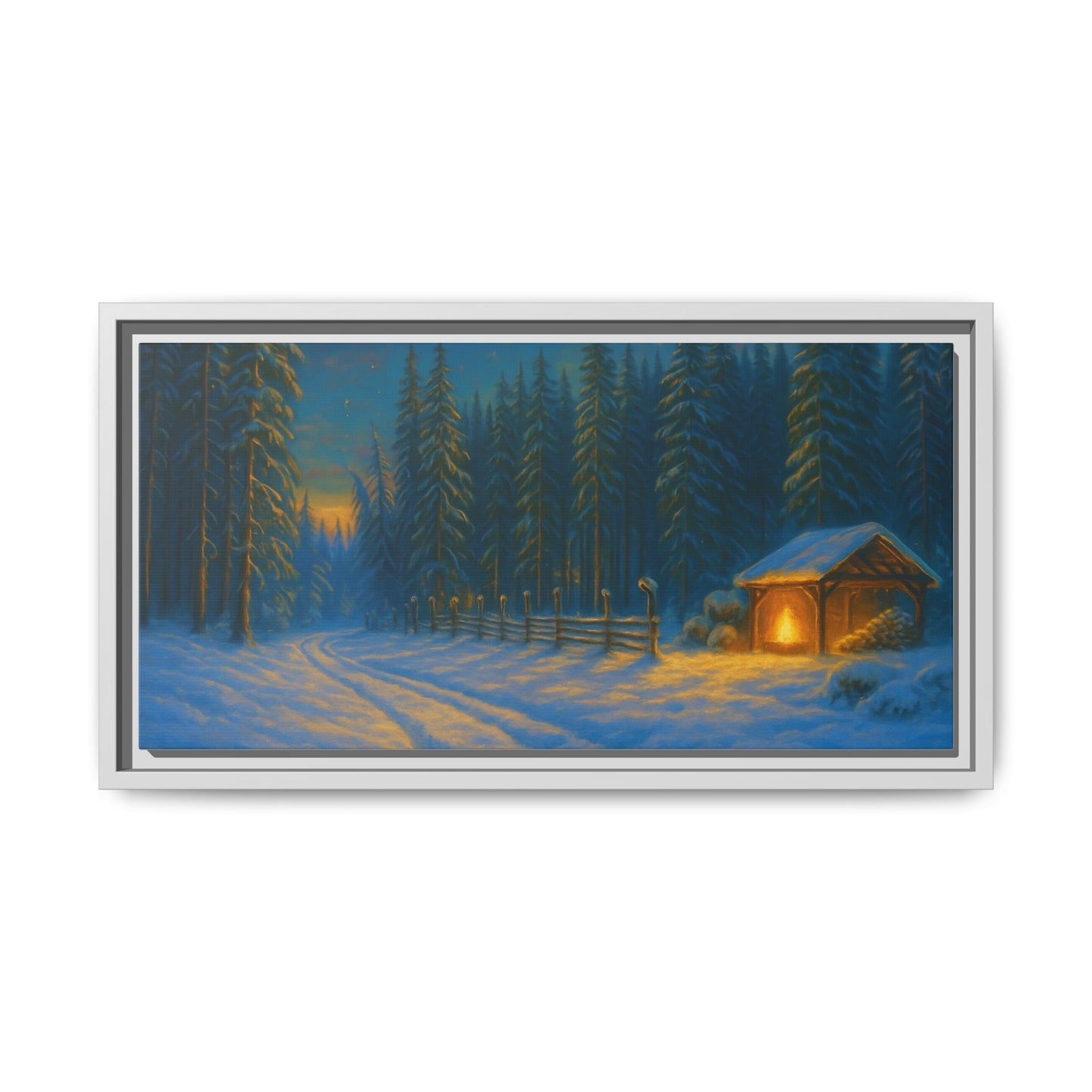 Cozy winter cabin matte framed canvas wall art featuring a snowy forest scene at evening, ideal for nature-inspired decor.