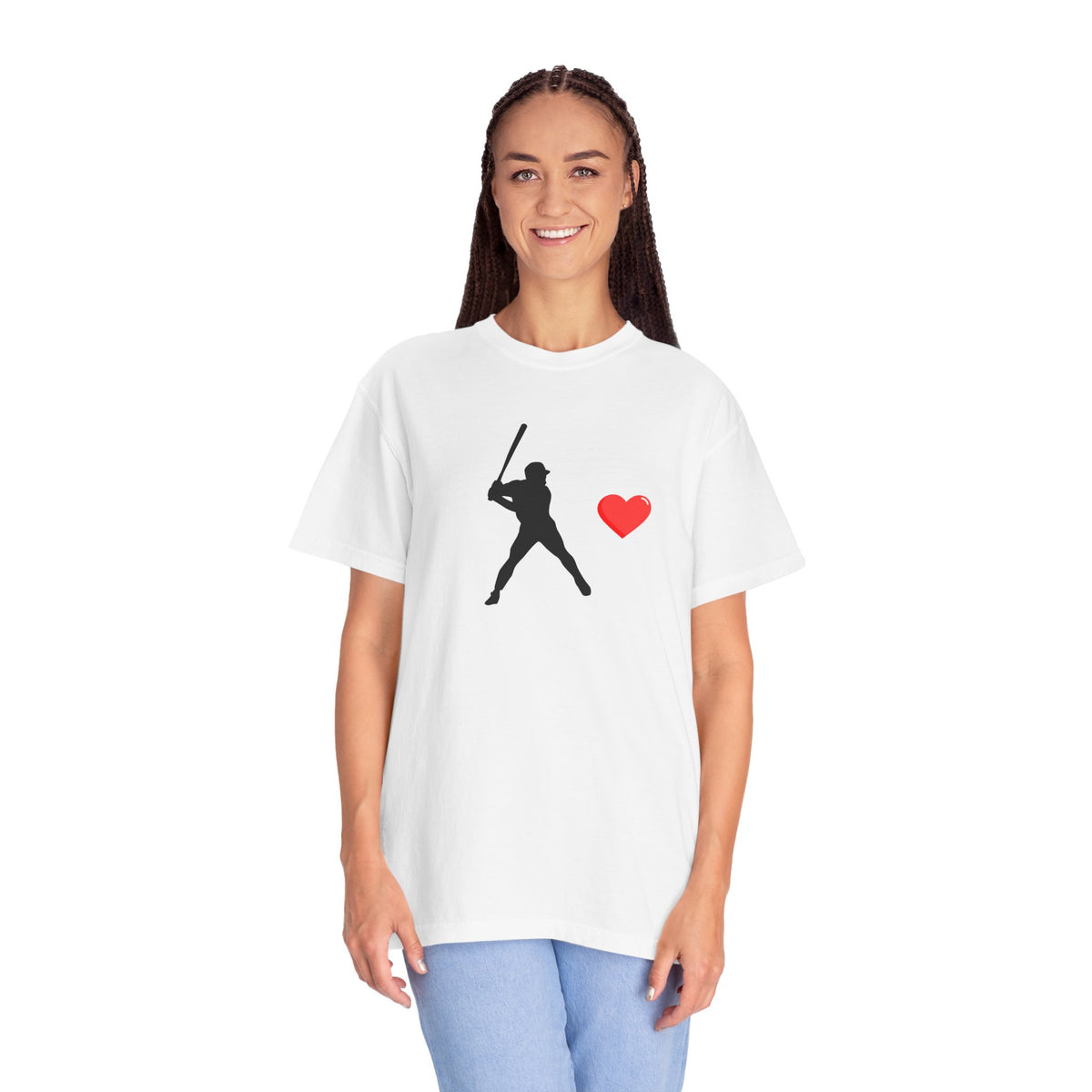 White baseball batter heart T-shirt by Printify featuring a graphic of a batter with a heart design on the front.