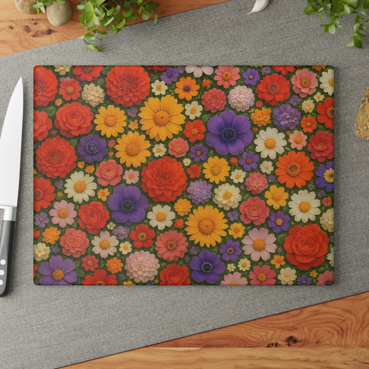 Floral Glass Cutting Board – Colorful Retro Flower Pattern Kitchen Board