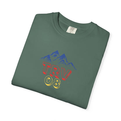 Unisex garment-dyed T-shirt with TRV08 Logo by Printify, showing a casual fit and soft fabric in a natural setting.