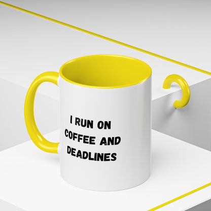 White ceramic mug with black text reading "I Run on Coffee and Deadlines" from Printify, featuring a simple, modern design.