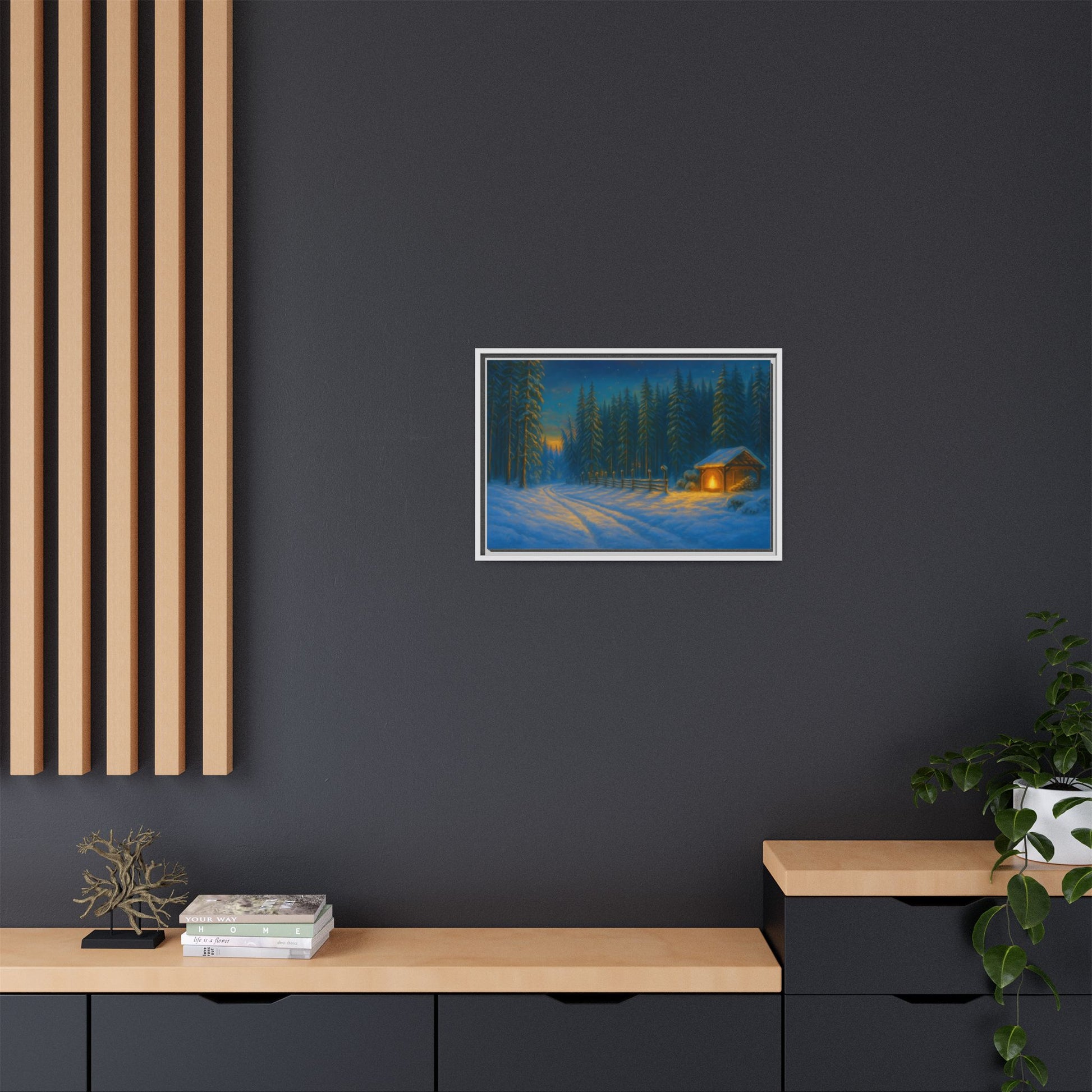 Cozy winter cabin matte framed canvas wall art featuring a snowy forest evening scene, ideal for winter home decor.