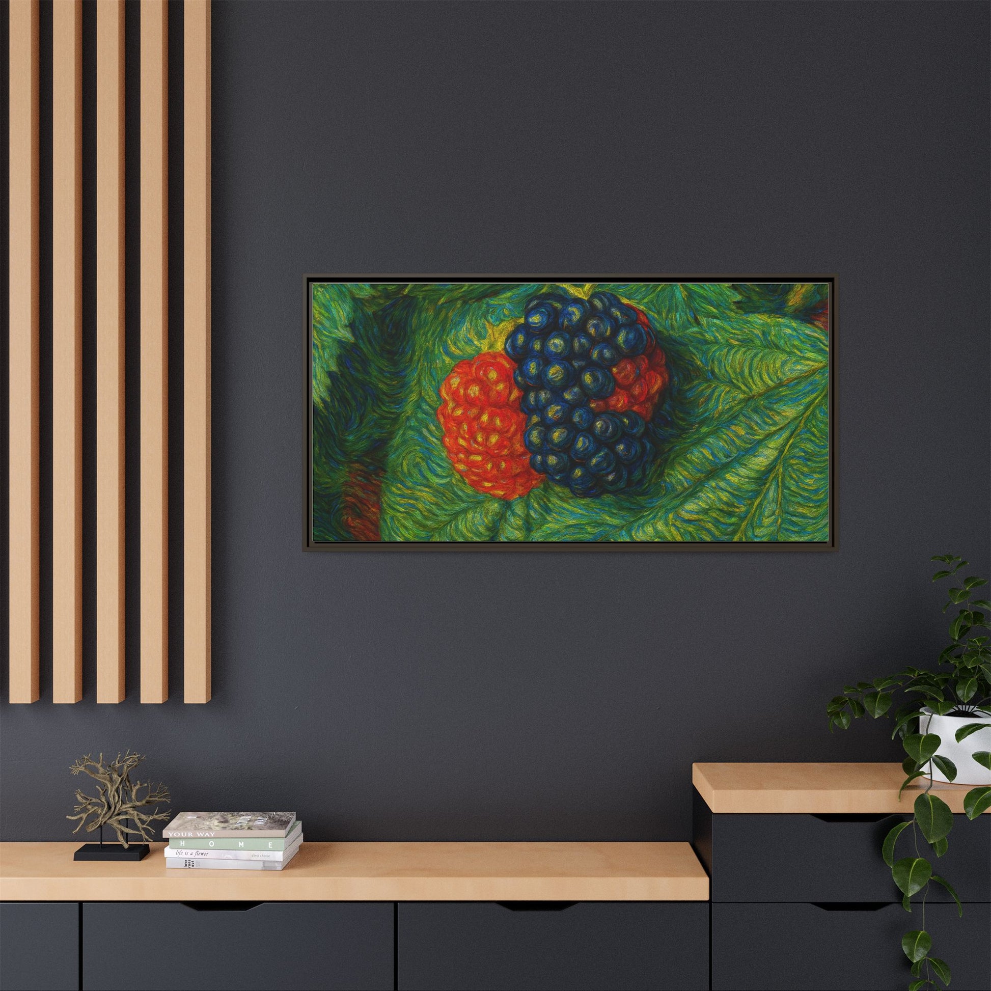 Blackberry still life framed canvas print by Printify, featuring a detailed botanical illustration on a textured canvas.