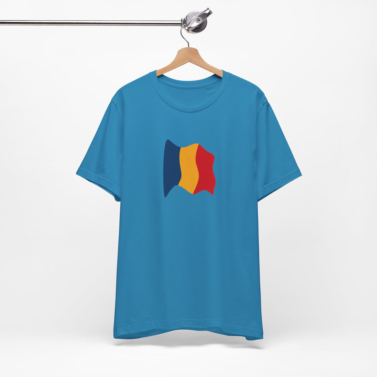 Romania flag T-shirt by Printify featuring a minimal waving tricolor design on a casual cotton tee.