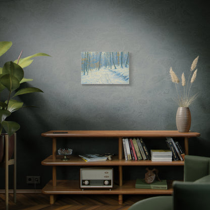 Winter woodland canvas print featuring a snowy forest scene, matte stretched wall art by Printify.