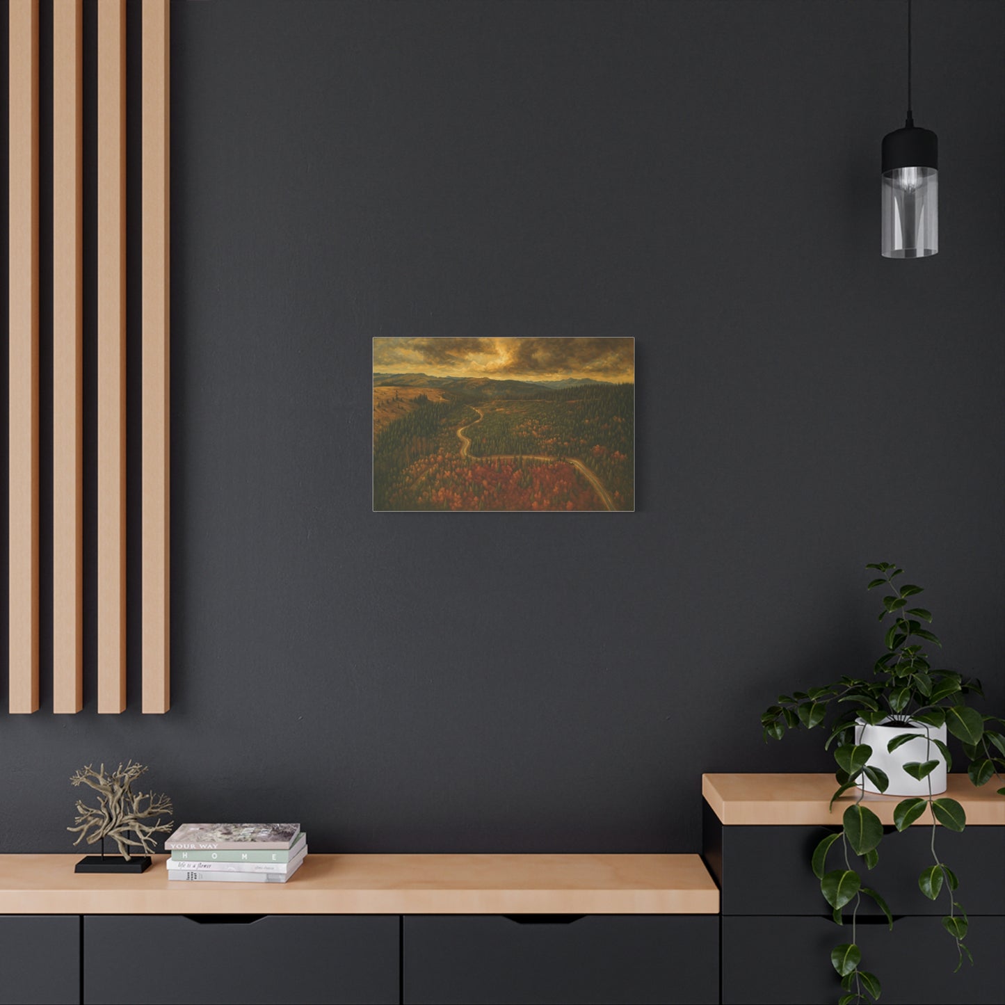 Autumn Ridge Road matte stretched canvas featuring a moody forest landscape wall art by Printify.