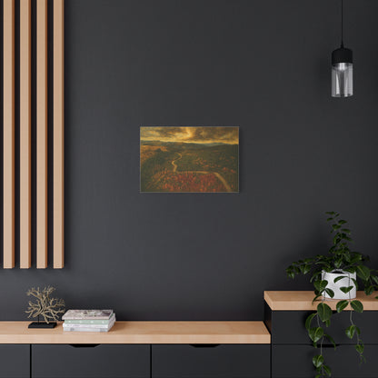 Autumn Ridge Road matte stretched canvas featuring a moody forest landscape wall art by Printify.