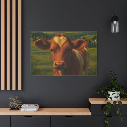 Cow portrait canvas print featuring a farm animal with a heart-shaped forehead, wall art by Printify.