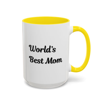 Black-ceramic "World's Best Mom" coffee mug with accent trim, ideal for Mother's Day gift from Printify.