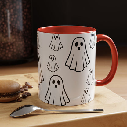 Printify ghost pattern ceramic coffee mug with Halloween-themed design, 11oz or 15oz capacity, perfect for spooky season.