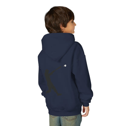 Kids youth baseball silhouette hoodie by Printify, featuring a playful baseball player design on a comfortable pullover sweatshirt.
