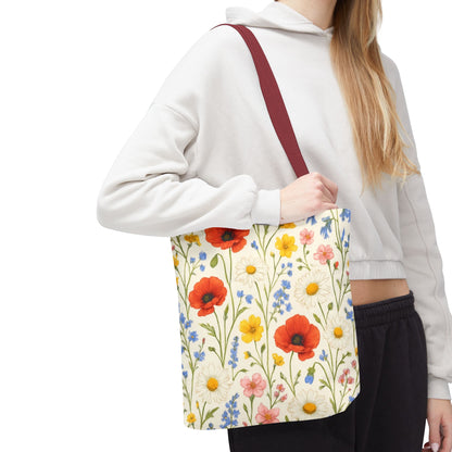 Wildflower Poppy print tote bag by Printify featuring a vibrant floral all-over pattern on durable fabric.