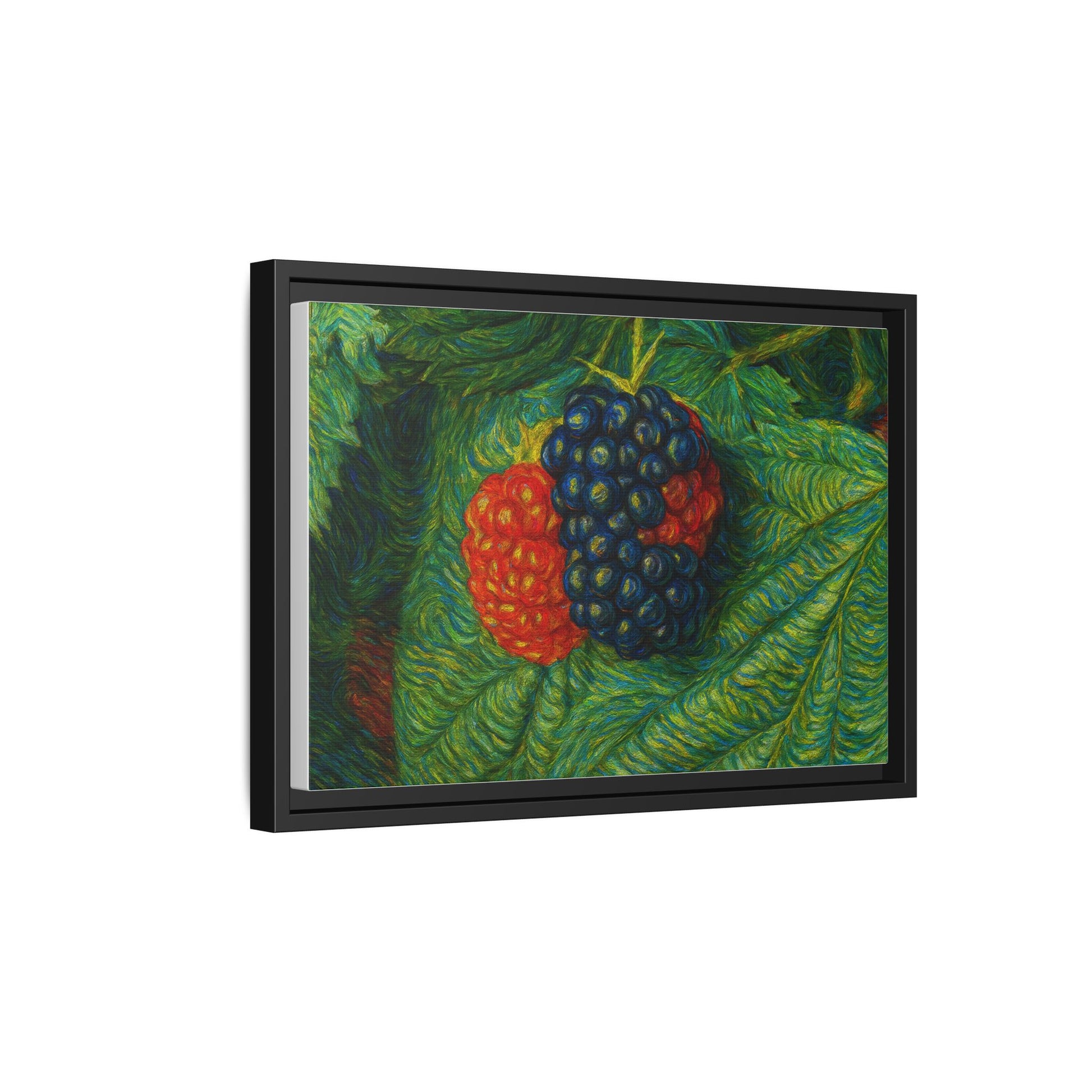 Blackberry still life framed canvas print by Printify, featuring realistic blackberries on a textured canvas background.