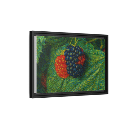 Blackberry still life framed canvas print by Printify, featuring realistic blackberries on a textured canvas background.