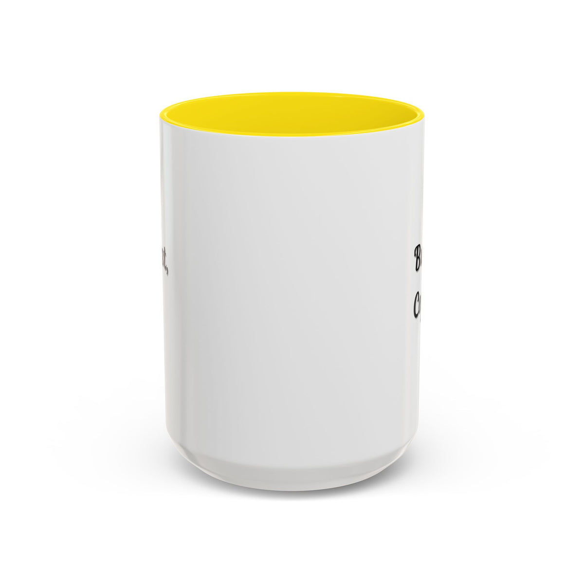 Black handle and rim coffee mug with "But First Coffee" print, 11oz or 15oz size, by Printify, on a clean surface.