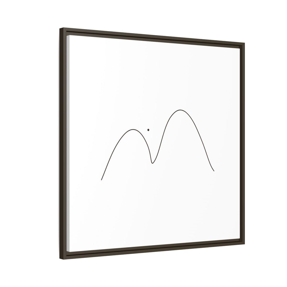 Framed matte canvas print of minimalist mountain line art by Printify, featuring simple black mountain outlines on white background.