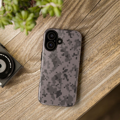 Gray digital camouflage phone case by Printify, tough protective cover for mobile phones with camouflage design.