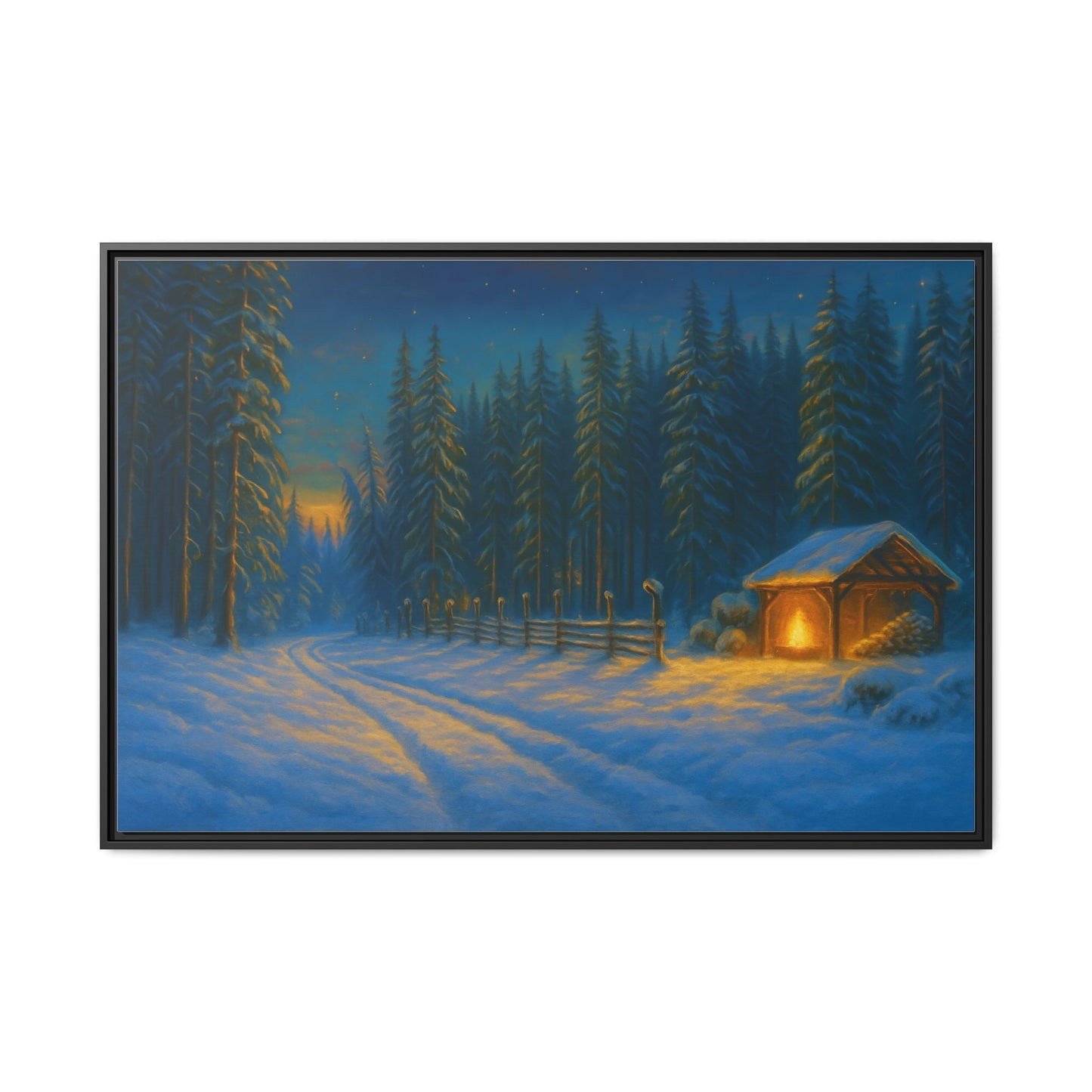 Cozy winter cabin matte framed canvas wall art featuring a snowy forest evening scene by Printify.