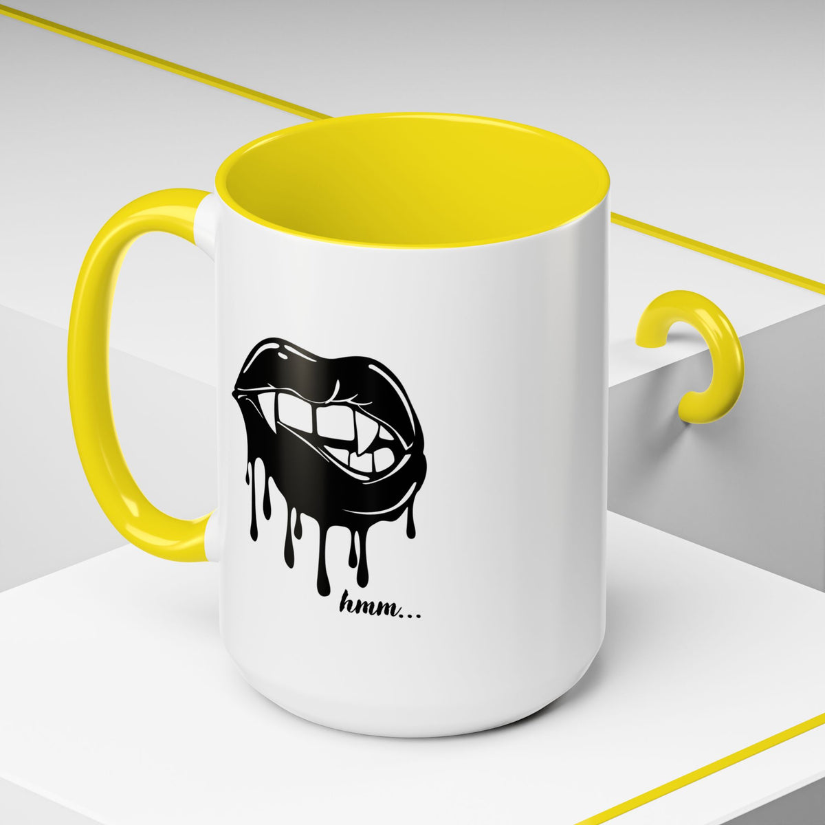Black ceramic coffee mug with dripping lips bite graphic, 11oz or 15oz, featuring bold black lips design by Printify.