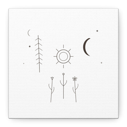 Minimal Sun Moon botanical canvas wall art by Printify featuring a matte finish with sun and moon design on stretched canvas.