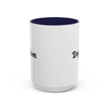 Dog Mom Accent Coffee Mug — white ceramic coffee mug with retro script "Dog Mom" print, colored interior and C-handle, 11oz/15oz, side profile view