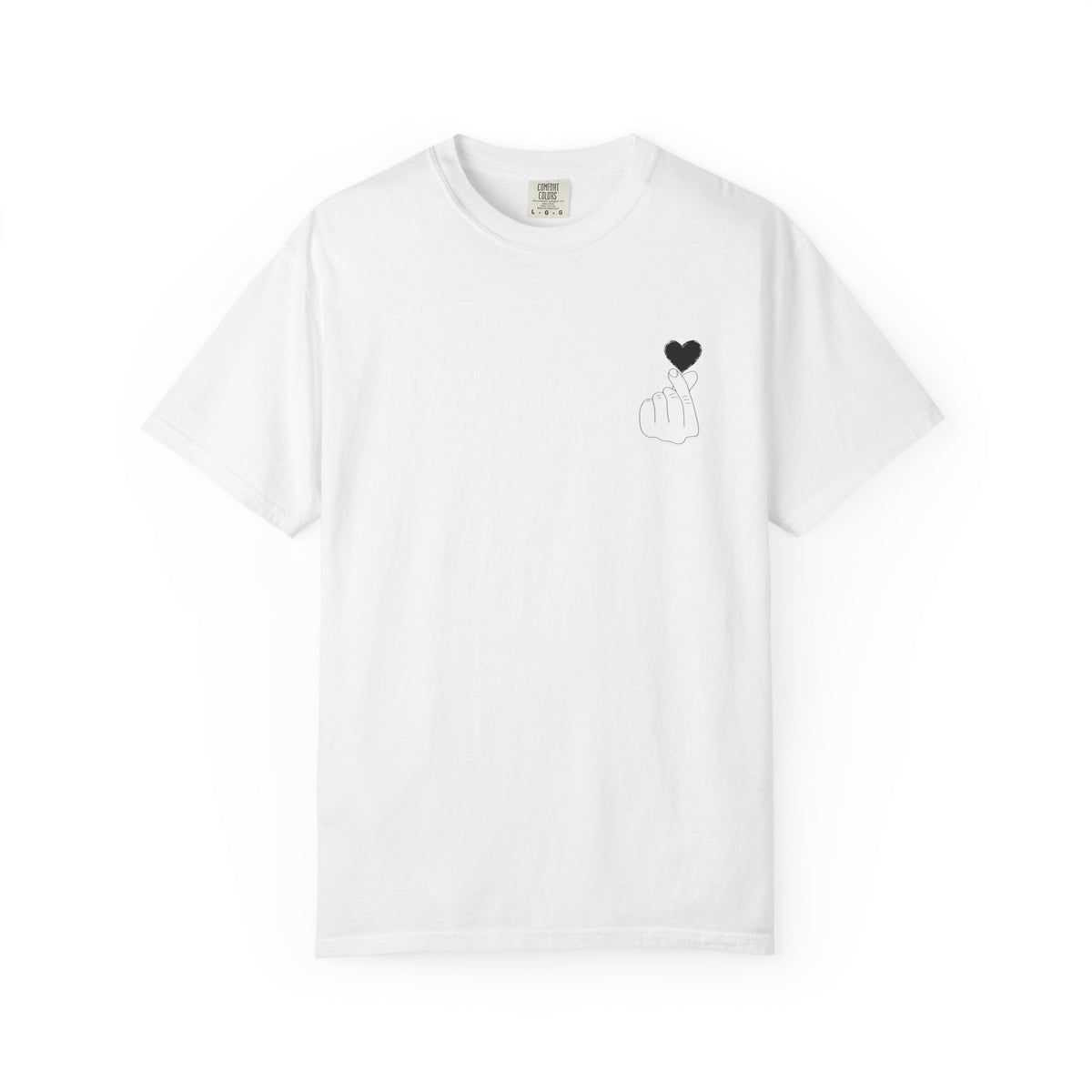 Black T-shirt with minimal white finger heart graphic, casual style from Printify, displaying the front design.