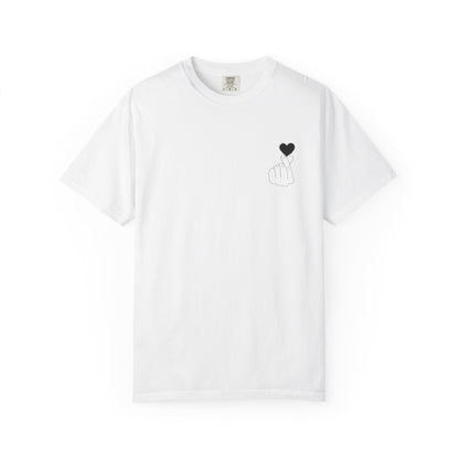Black T-shirt with minimal white finger heart graphic, casual style from Printify, displaying the front design.