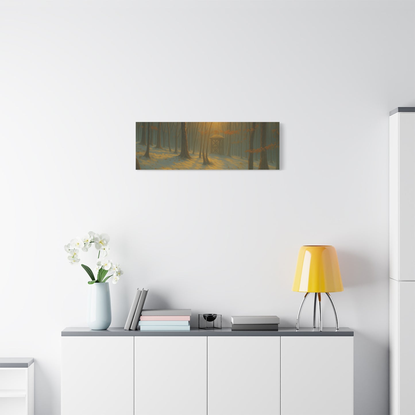 Matte stretched canvas print of a Misty Forest Sunrise landscape by Printify, featuring soft colors and detailed woodland scene.
