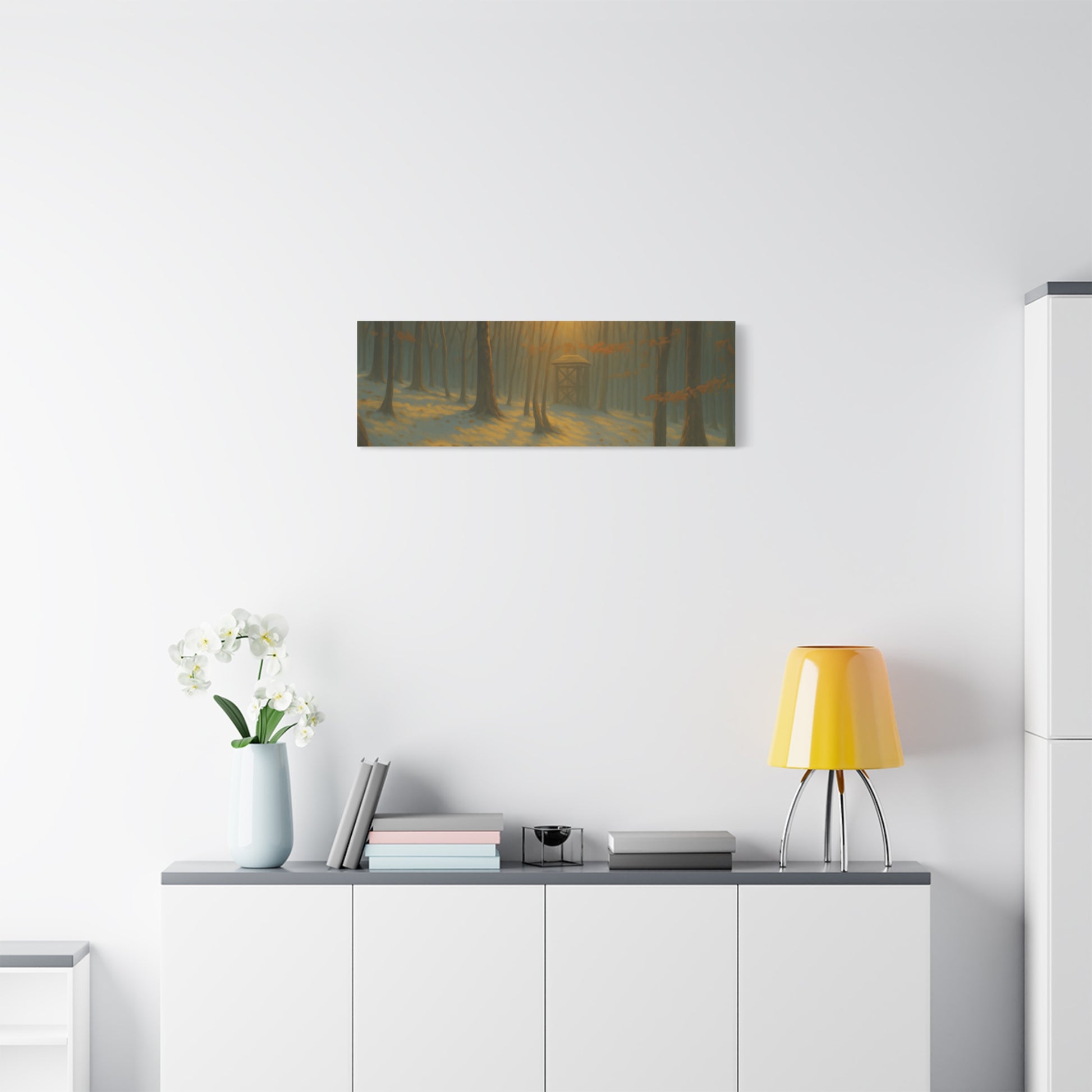 Matte stretched canvas print of a Misty Forest Sunrise landscape by Printify, featuring soft colors and detailed woodland scene.