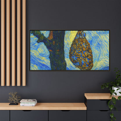 Framed matte canvas art featuring a starry nut cluster with dried plum colors, printed by Printify, displayed on a wall.