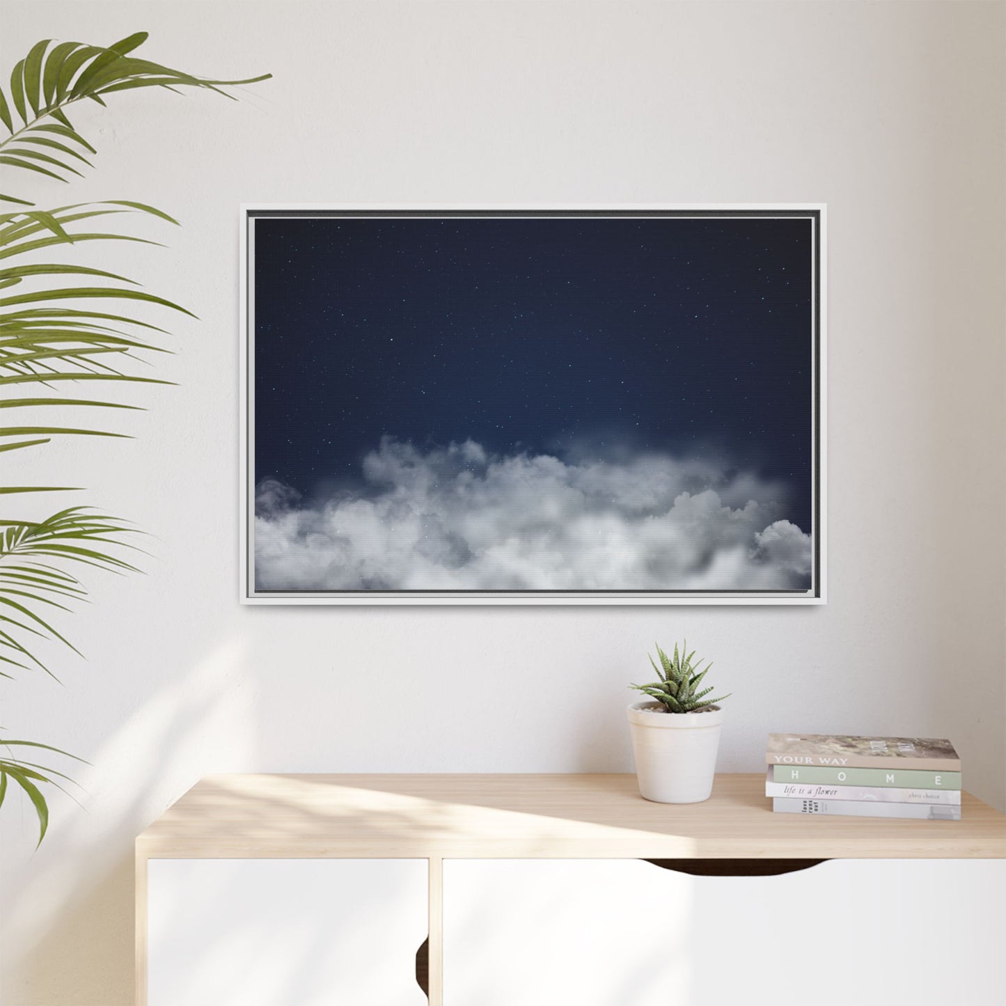 Framed starry night sky clouds matte canvas wall art by Printify, featuring a serene starry sky scene with clouds.