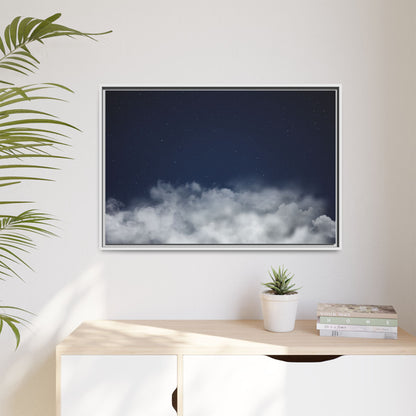 Framed starry night sky clouds matte canvas wall art by Printify, featuring a serene starry sky scene with clouds.