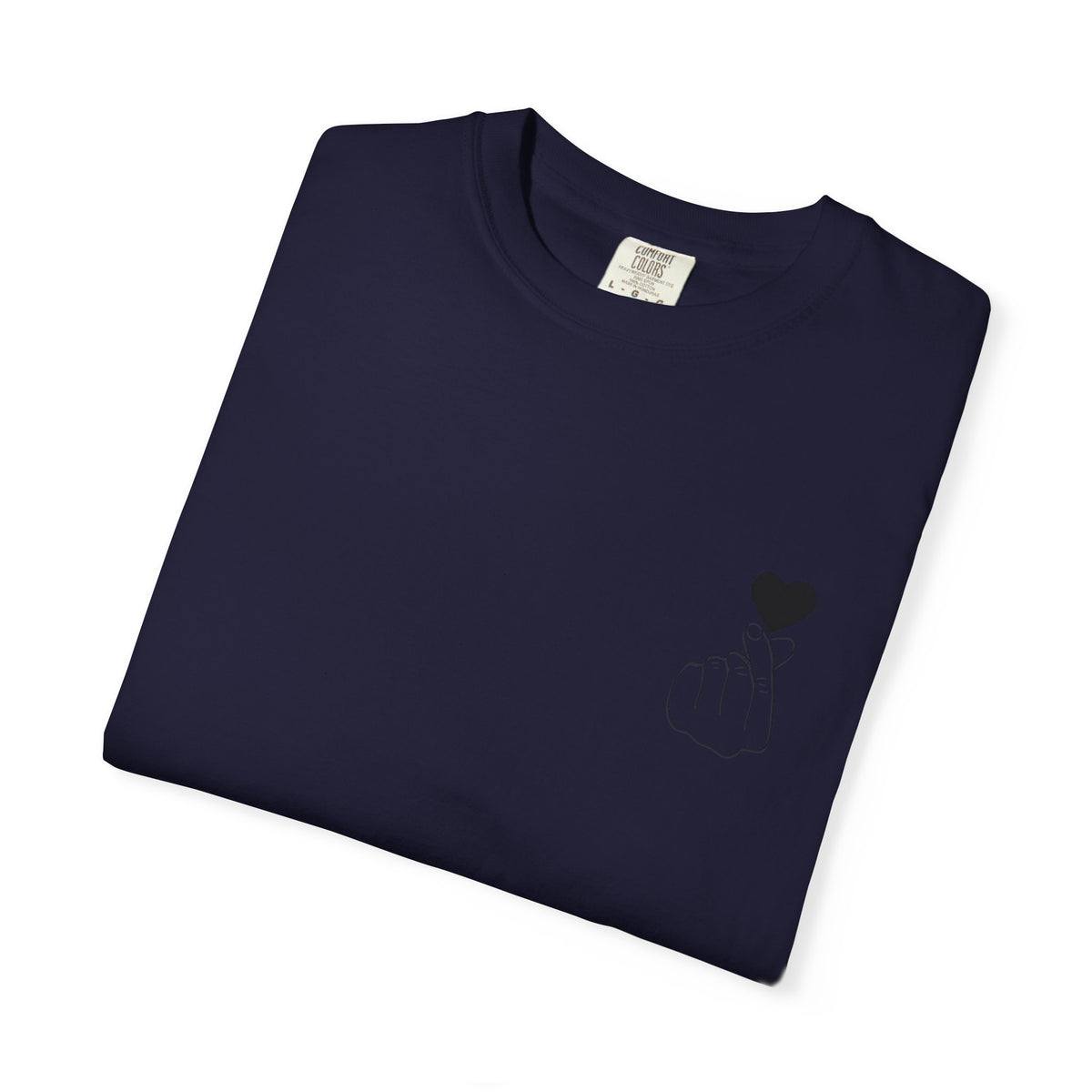 Black T-shirt with a minimal white finger heart graphic, casual Printify brand tee perfect for everyday wear.