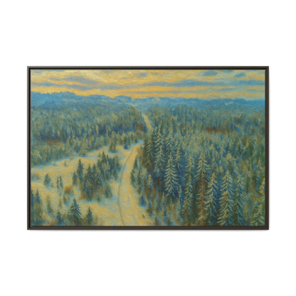 Framed matte canvas print of a serene winter forest landscape by Printify, showcasing snow-covered trees and peaceful scenery.