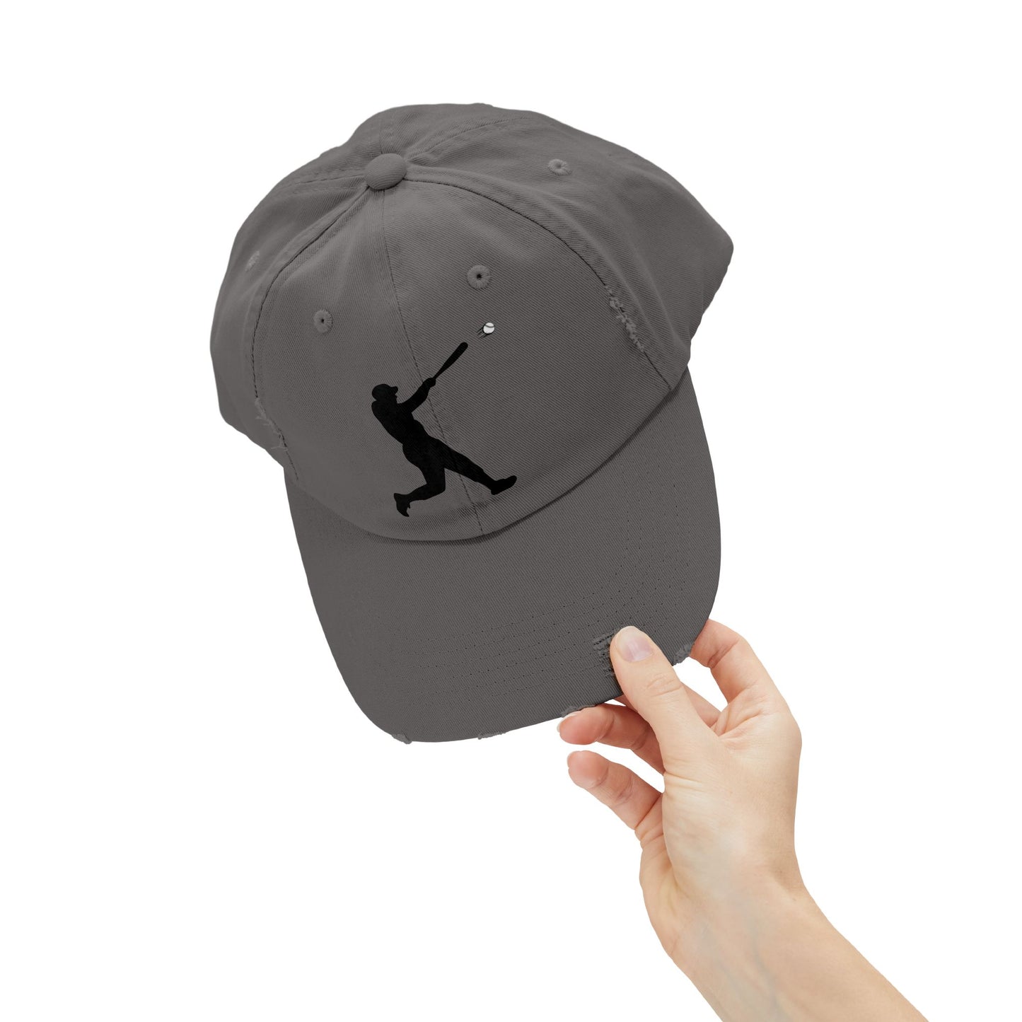 Distressed baseball cap featuring a silhouette batter design, casual hat from Printify with a worn, vintage look.
