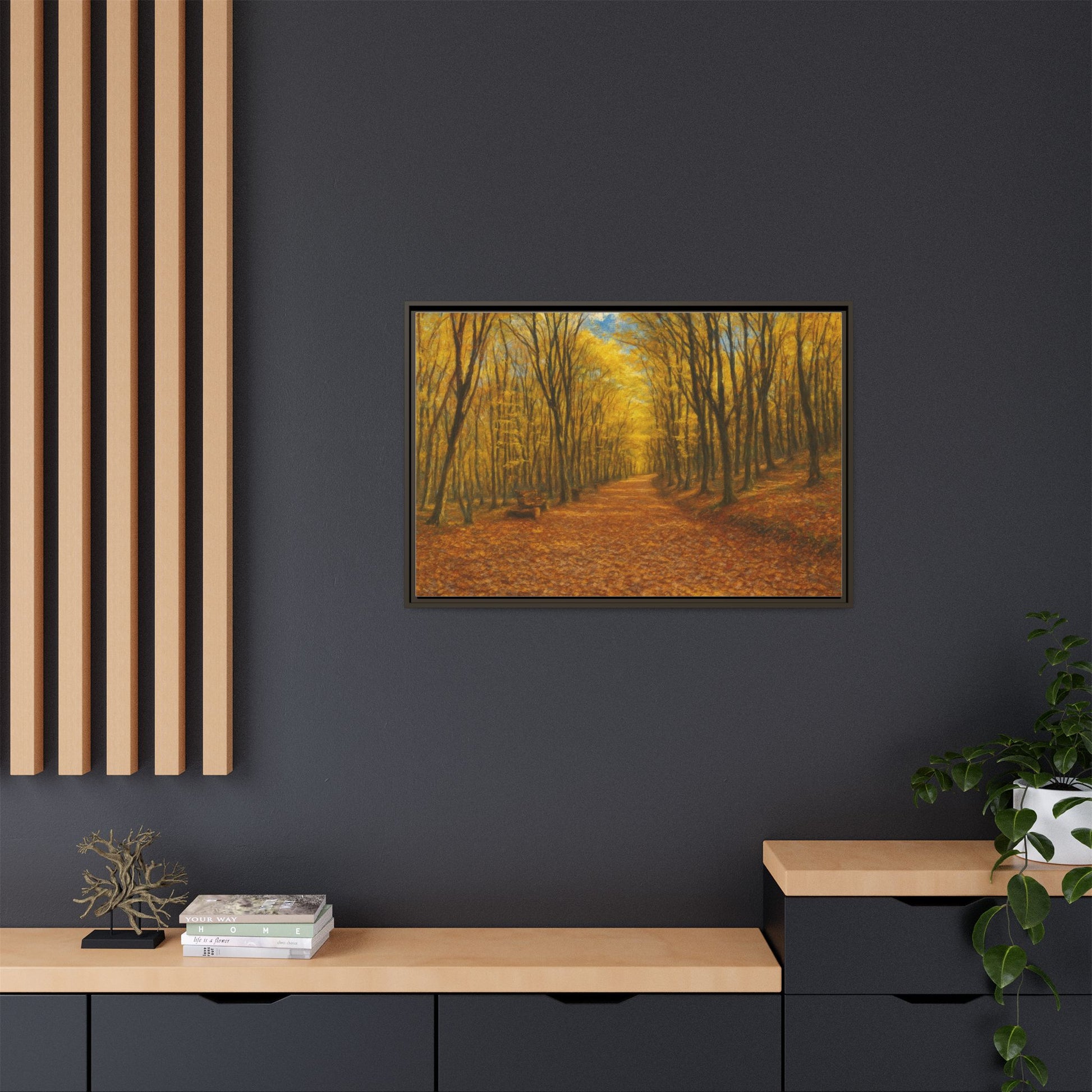 Autumn forest path matte canvas wall art featuring a scenic woodland scene with vibrant fall foliage and a framed display.