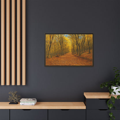 Autumn forest path matte canvas wall art featuring a scenic woodland scene with vibrant fall foliage and a framed display.