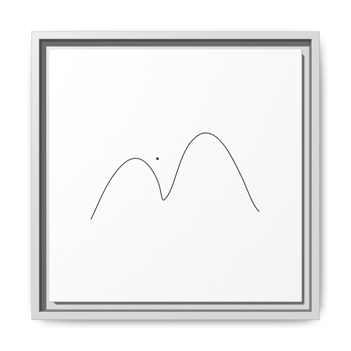 Framed minimalist mountain line art print on matte canvas by Printify, featuring simple mountain outlines in black on white background.