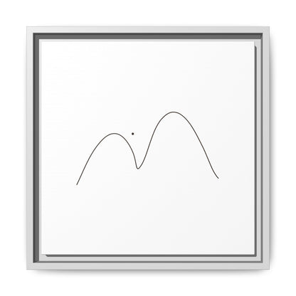 Framed minimalist mountain line art print on matte canvas by Printify, featuring simple mountain outlines in black on white background.