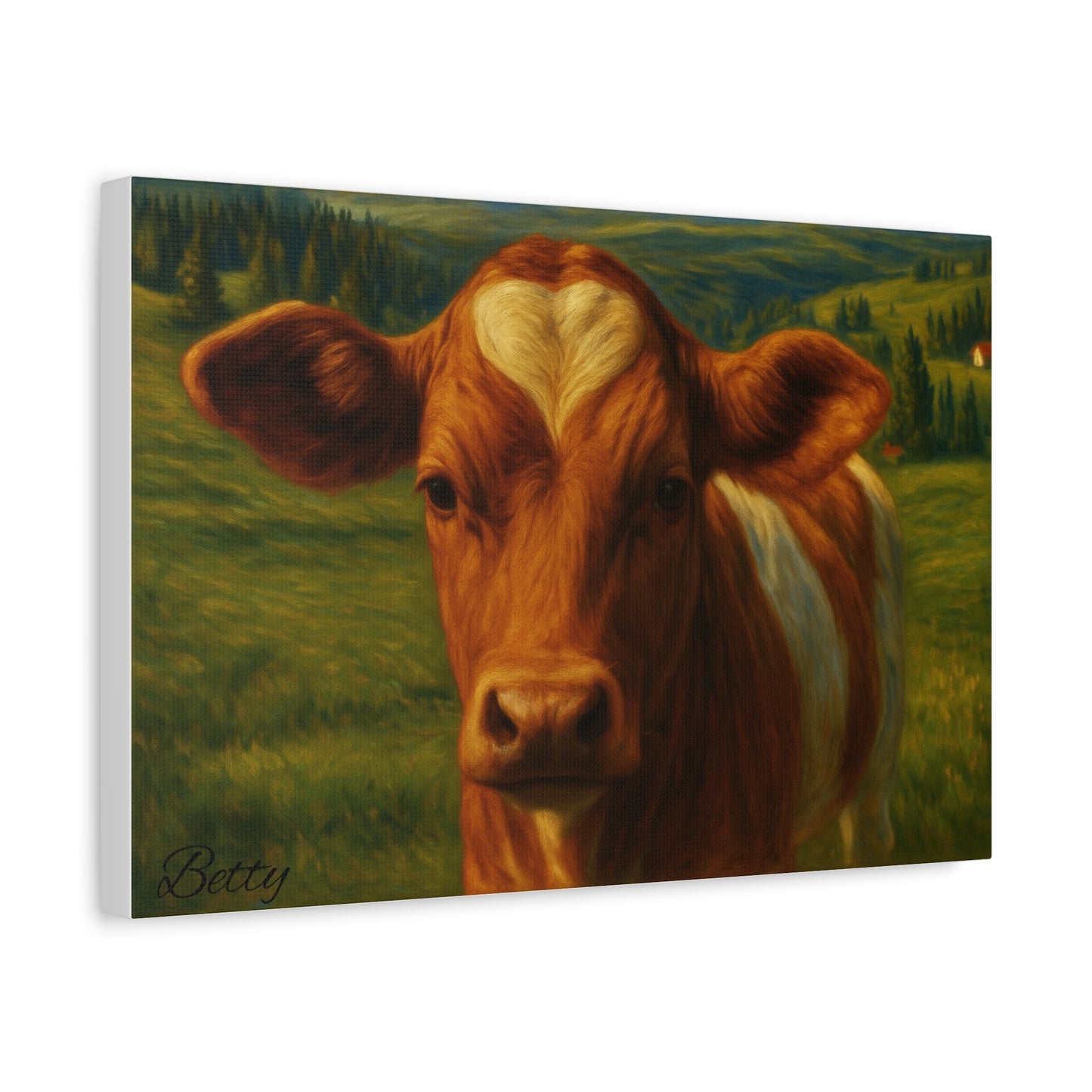 Canvas print of a cow portrait with a heart-shaped forehead, farm animal wall art by Printify.