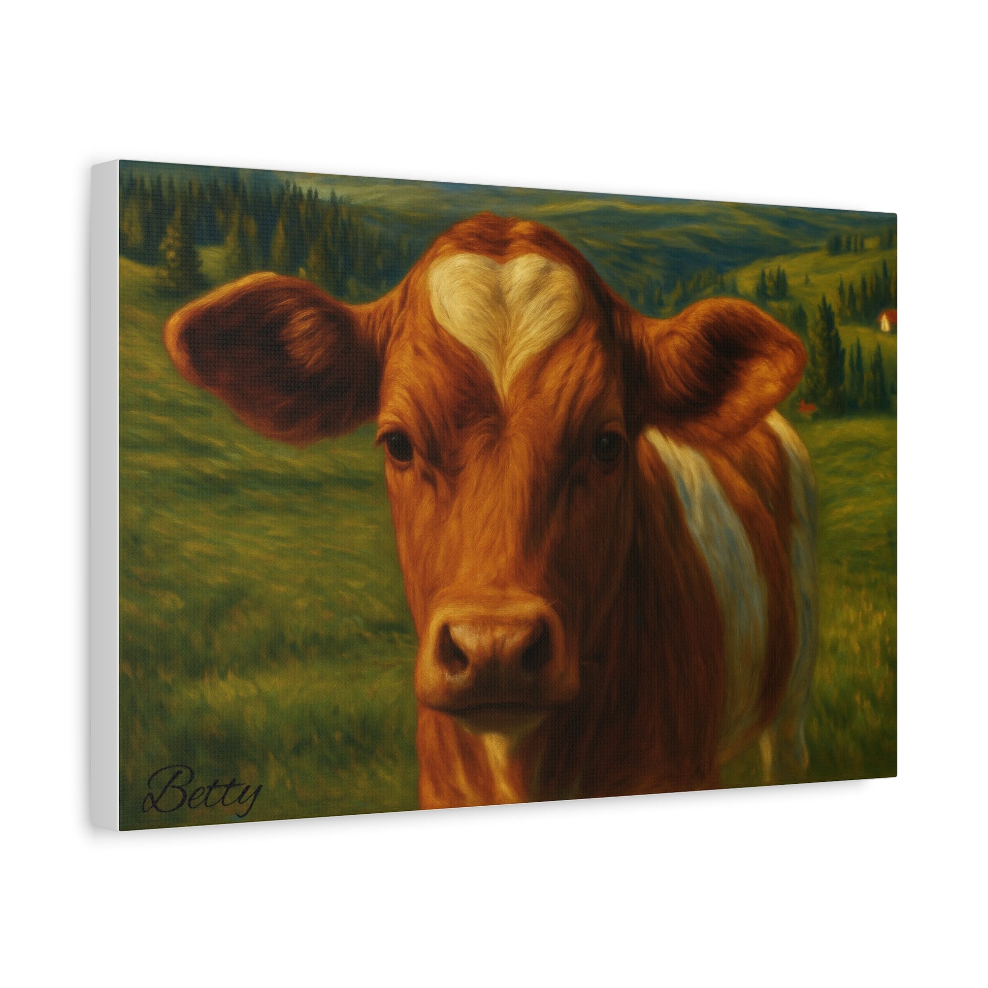 Canvas print of a cow portrait with a heart-shaped forehead, farm animal wall art by Printify.