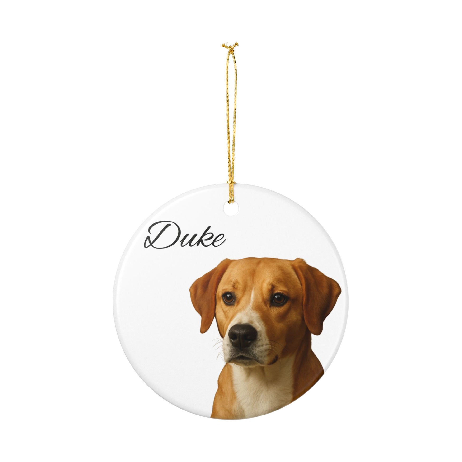 Personalized ceramic dog portrait ornament featuring Duke, a custom pet ornament from Printify with detailed dog illustration.