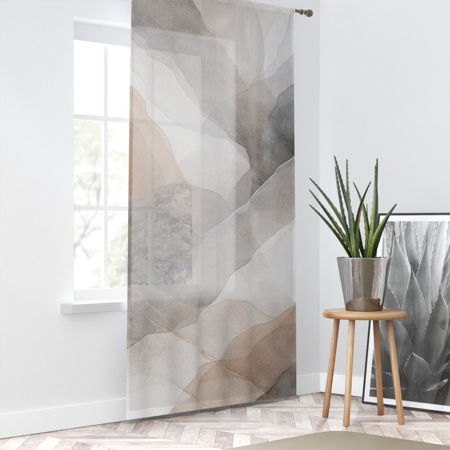 Abstract Watercolor Hills Window Curtain | Neutral Mountain Landscape