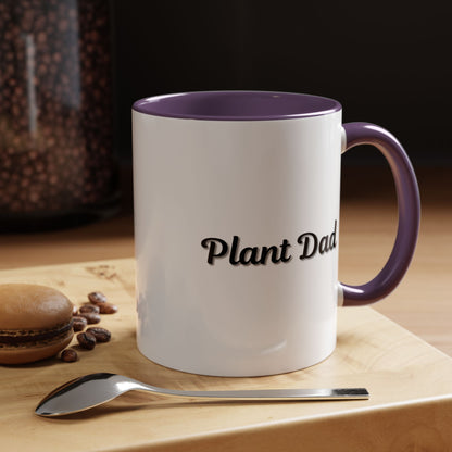 Black-handle Plant Dad coffee mug featuring plant lover design, available in 11oz or 15oz sizes, ideal for plant enthusiasts.