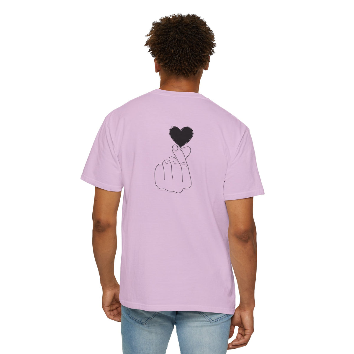 Black T-shirt with minimal white finger heart graphic, casual Printify brand tee designed for everyday wear.