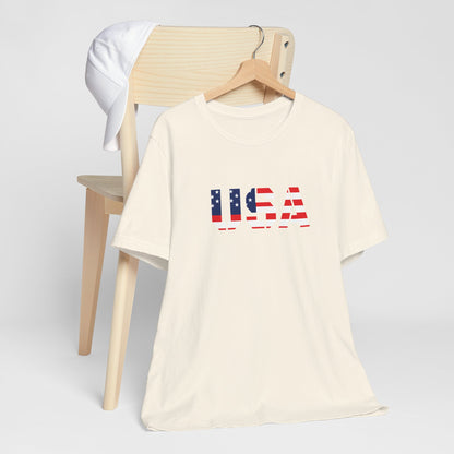 USA Flag Text Tee — Patriotic Fourth of July T-Shirt