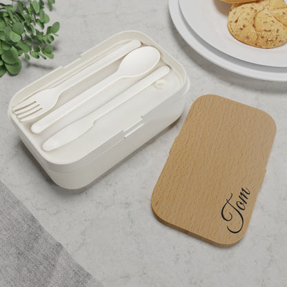 Personalized wooden bento lunch box with engraved name "Tom," durable accessories for convenient, eco-friendly meal storage.